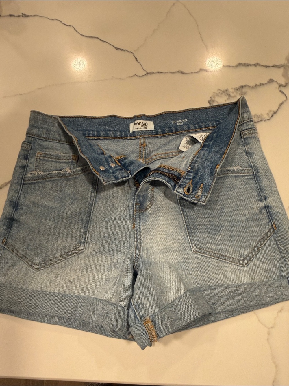 Kensie Faded Light Blue Denim the high rise rolled-Hem Shorts